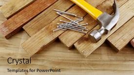  Presentation with nail salon beauty nails concept - Colorful PPT theme enhanced with fixing things - hammer and nails on wood backdrop and a coral colored foreground