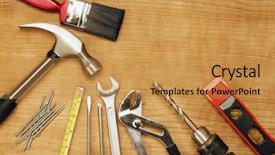 Presentation with wood tools - Amazing theme having hammer drill - assorted work tools on wood backdrop and a gold colored foreground