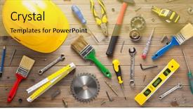  Presentation with set of construction tools tool - Presentation design consisting of hammer drill - set of tools and instruments background and a yellow colored foreground