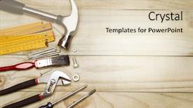  Presentation with wood tools - Presentation theme featuring hammer nail - assorted work tools on wood background and a  colored foreground