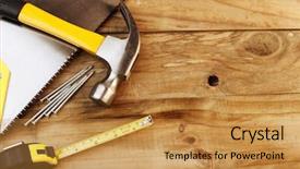  Presentation with wood tools - Amazing presentation theme having hammer nail - assortment of tools on wood backdrop and a  colored foreground