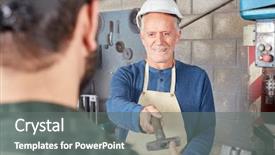  Presentation with senior worker - Cool new slides with hammer to colleague in metallurgy backdrop and a gray colored foreground