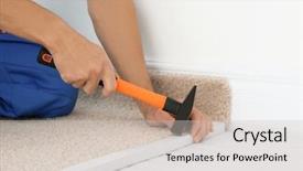  Presentation with worker - Presentation theme featuring hammer while installing new carpet background and a soft green colored foreground