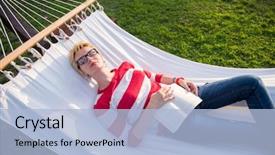  Presentation with sensuality woman black angel relaxing - PPT theme having hammock in a peaceful garden background and a light blue colored foreground