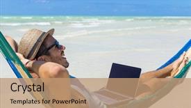  Presentation with remote working - PPT theme featuring hammock in the beach background and a coral colored foreground