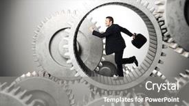  Presentation with gear - Colorful presentation theme enhanced with hamster wheel - businessman running inside of metal backdrop and a gray colored foreground