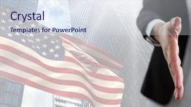  Presentation with mobile phone in woman hand - Presentation design enhanced with hand against fluttering american flag background and a sky blue colored foreground