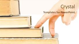  Presentation with book stairs - Presentation design enhanced with hand and book stairs isolated on white background background and a lemonade colored foreground