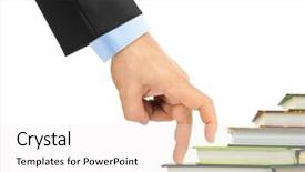  Presentation with book stairs - PPT theme with hand and book stairs isolated on white background background and a white colored foreground