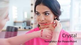  Presentation with makeup artist - Amazing PPT theme having tried tested - female makeup artist testing lip backdrop and a coral colored foreground
