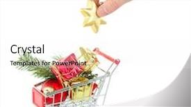  Presentation with shopping trolley - Cool new PPT theme with hand and christmas gifts in shopping trolley isolated on white backdrop and a white colored foreground