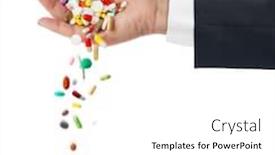  Presentation with white pills spilled from pills - Slide deck consisting of hand and falling pills isolated on white background background and a white colored foreground