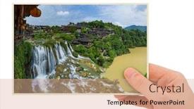  Presentation with ancient village - Beautiful PPT layouts featuring hand-and-furong-ancient-village backdrop and a coral colored foreground