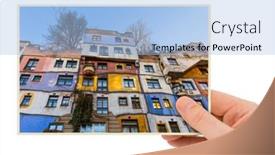  Presentation with white house - Slide set having hand-and-hundertwasser-house background and a light blue colored foreground