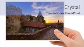  Presentation with photo - Slide deck featuring hand-and-kalemegdan-fortress-belgrade background and a light blue colored foreground