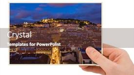  Presentation with cityscape - Cool new PPT theme with hand-and-lisbon-portugal-cityscape backdrop and a tawny brown colored foreground