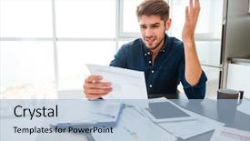  Presentation with home documents - Audience pleasing slides consisting of hand and looking at documents backdrop and a light blue colored foreground