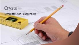  Presentation with hand print - Slides with hand and pencil on blue print with level on background background and a sky blue colored foreground