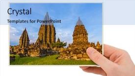  Presentation with borobudur temple - Colorful PPT theme enhanced with hand and prambanan temple backdrop and a light blue colored foreground