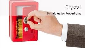  Presentation with gold bars - Colorful presentation design enhanced with hand and safe with gold bars isolated on white background backdrop and a sky blue colored foreground