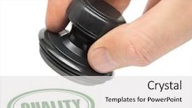  Presentation with quality control - Slides with hand and stamp quality isolated background and a white colored foreground