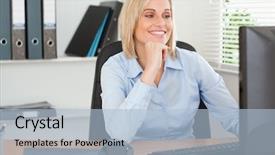  Presentation with woman office desk - Cool new presentation theme with hand behind a desk backdrop and a light blue colored foreground