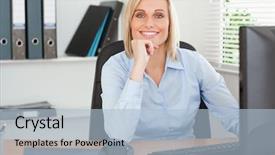  Presentation with woman office desk - Slides consisting of hand behind a desk background and a  colored foreground