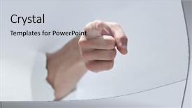  Presentation with breaking through - PPT theme having hand breaking through the paper background and a lemonade colored foreground