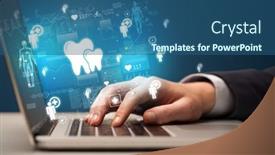  Presentation with medical hand - PPT theme consisting of hand-browsing-on-the-internet background and a ocean colored foreground