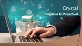  Presentation with medical hand - PPT theme featuring hand-browsing-on-the-internet background and a ocean colored foreground