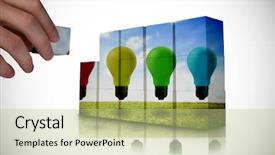  Presentation with light bulbs - Colorful presentation enhanced with hand building wall showing light bulbs floating over field backdrop and a mint green colored foreground