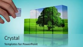  Presentation with green building - Presentation design consisting of hand building wall showing sunny green landscape background and a light blue colored foreground