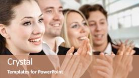  Presentation with young business people - Beautiful PPT theme featuring hand clap - team of successful smiling young backdrop and a coral colored foreground