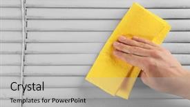 Presentation with human - Presentation design having hand cleaning dirty window blind background and a light gray colored foreground