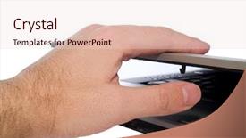  Presentation with work - Presentation design with hand closing laptop and finish background and a  colored foreground