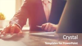  Presentation with laptop - Presentation with hand computer - business man working at office background and a coral colored foreground