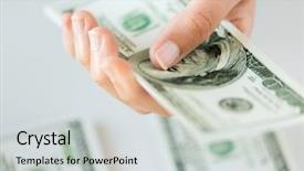  Presentation with hand saving - Slide set with hand counting us dollar money background and a light gray colored foreground