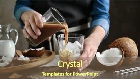  Presentation with cold coffee - Amazing slide deck having woman pouring cold coconut coffee into glass with ice cubes on table backdrop and a violet colored foreground