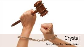  Presentation with handcuffed - Cool new PPT theme with law demand - handcuffed woman holding wooden gavel backdrop and a coral colored foreground
