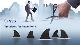  Presentation with risk - Audience pleasing PPT theme consisting of hand cutting rope in business backdrop and a sky blue colored foreground