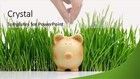  Presentation with piggy bank - Colorful presentation theme enhanced with portrait of smiling businessman sitting by computer desk in office backdrop and a gray colored foreground