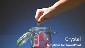  Presentation with hand saving - PPT theme consisting of hand deposit money in to a saving jar with model house background and a ocean colored foreground