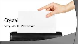  Presentation with shredder - Cool new PPT theme with hand destroying sheet of paper backdrop and a white colored foreground