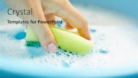  Presentation with spring water - PPT theme featuring hand-dips-sponge-in-bucket background and a coral colored foreground
