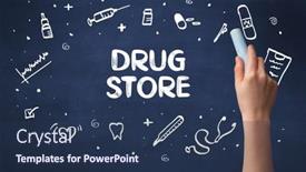  Presentation with drug - Theme with hand-drawing-drug-store-inscription background and a ocean colored foreground