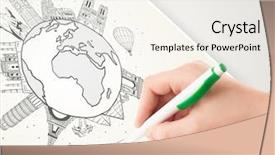  Presentation with cities - Theme enhanced with hand drawing vacation trip around the globe with landmarks and major cities background and a sky blue colored foreground
