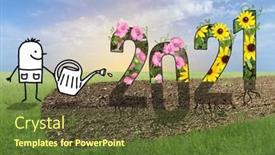  Presentation with 2021 - Audience pleasing slide set consisting of hand-drawn-cartoon-gardener-watering backdrop and a tawny brown colored foreground