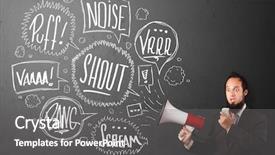  Presentation with bubbles feedback survey words speech - Cool new slide deck with hand drawn speech bubbles backdrop and a gray colored foreground