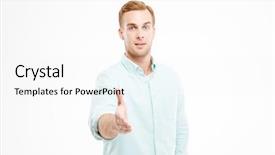  Presentation with businessman standing on mountain top - Cool new presentation with hand for handshake over white backdrop and a white colored foreground