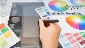  Presentation with design - Colorful slide set enhanced with hand-from-graphic-designer backdrop and a light blue colored foreground